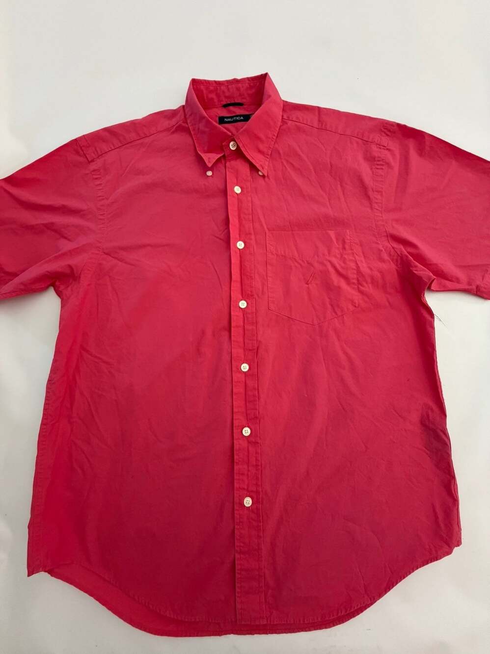 Nautica Button Down Shirt M Hot Pink Solid Short Sleeve Y2K Preppy